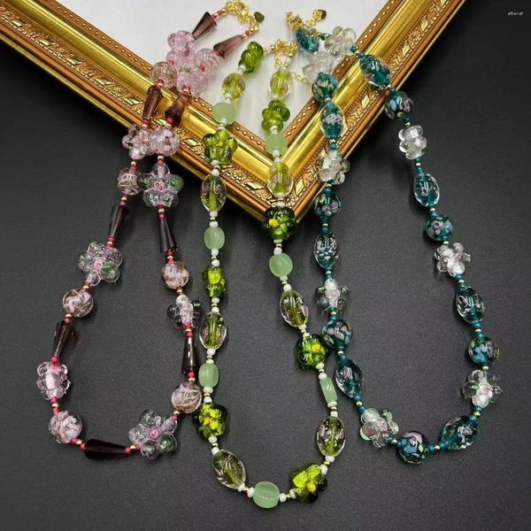 Anhänger Halsketten Retro 2024 Glas Vintage handgemachte Blumenfarbe Sommer Französisch Western Backflow Halskette