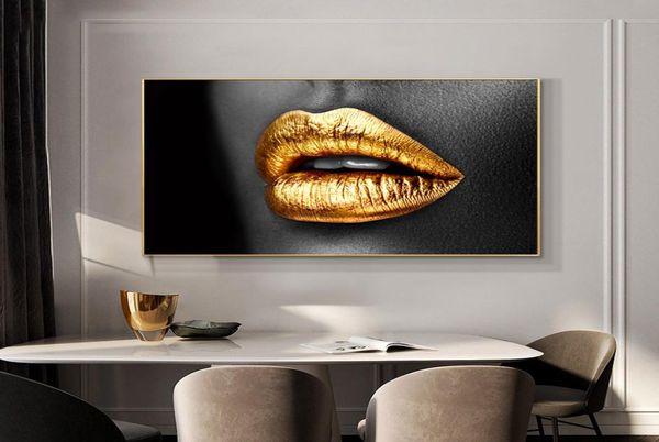 Goldene Lippen Malerei Leinwand Drucke Sexy Frau Mund Wand Bilder Für Wohnzimmer Moderne Wohnkultur Schwarz Splitter Lippen Cuadros3994324