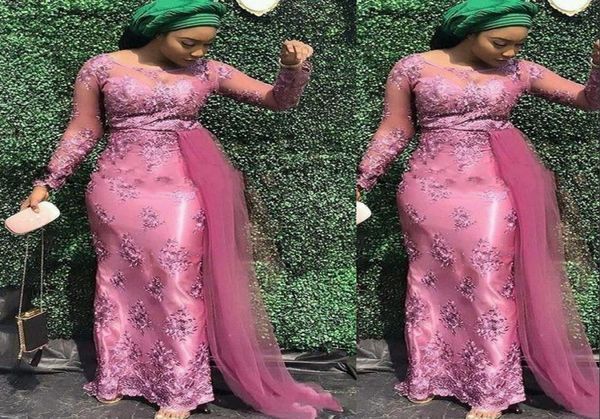 2021 Вечерние платья русалки в стиле Aso Ebi с боковой лентой Розово-розовое кружево из атласа с драгоценными камнями на шее Африканское нигерийское платье для выпускного вечера Plus8646003