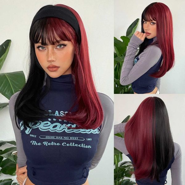 Perucas sintéticas Cosplay Perucas Vinho Vermelho e Preto Perucas Sintéticas de Comprimento Médio com Franja Natal Halloween Cosplay Cabelo Fibra Resistente ao Calor Peruca de Dois Tons 240329