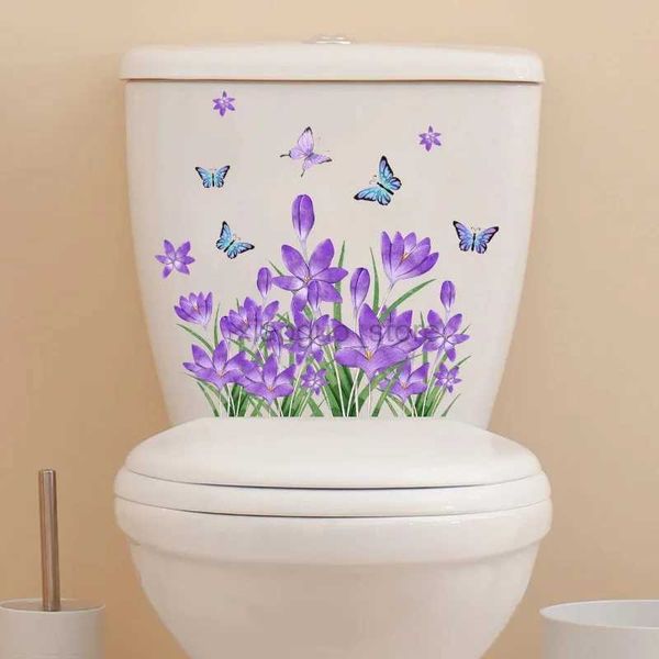 Adesivos de banheiro linda flor roxa azul borboleta tampa de banheiro adesivo à prova d'água pcv decoração de parede adesivo autoadesivo 240319