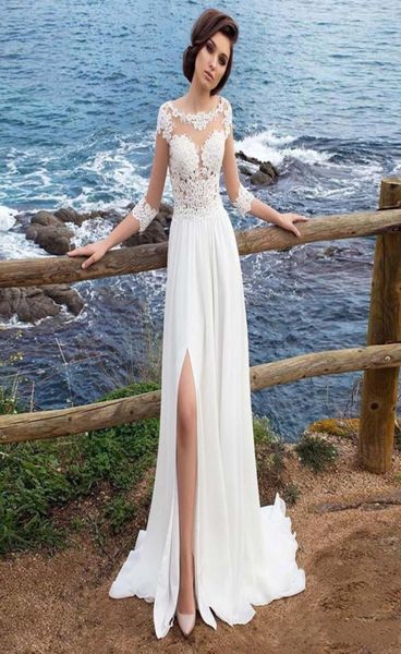 Vestido de casamento praia chiffon apliques vestido simples aline fenda lateral vestido de novia playa vestido de noiva três quartos manga weddin3780053