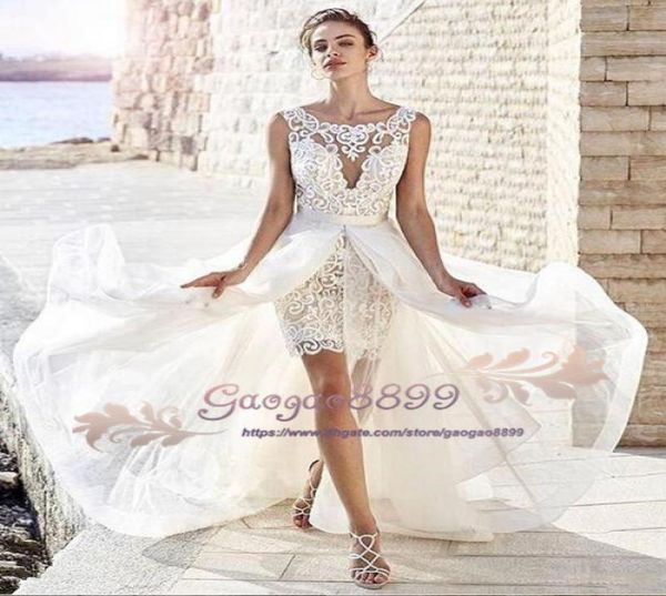 2019 curto de duas peças cheias de renda vestidos de noiva com trem destacável vintage Bohemia jardim praia barato vestidos de noiva vestid2039728