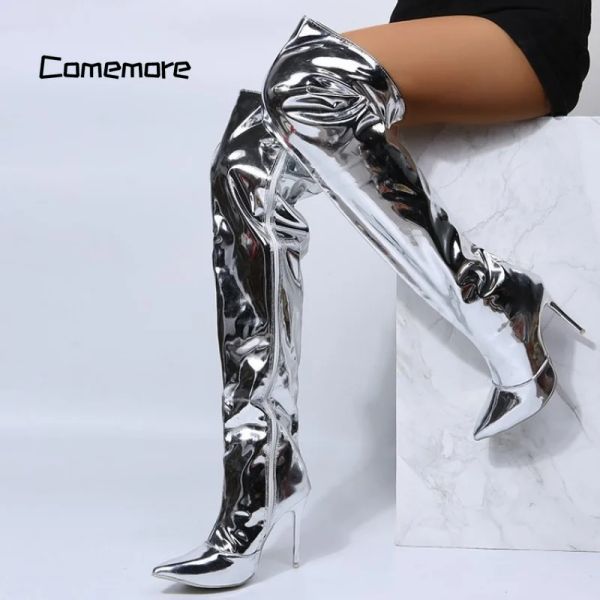 Boots Comemore sobre a bota de joelho Longo Autumn Zip Silver Casual Party Shoes para Mulheres 2023 Boots Mirror Luxo Punk Punk High Heels