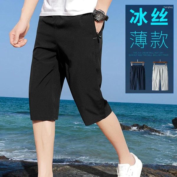 Shorts Masculinos Verão Casual Esporte Cortado Jovens e Homens de Meia Idade Calças de Praia de Secagem Rápida Seda Gelo Solta