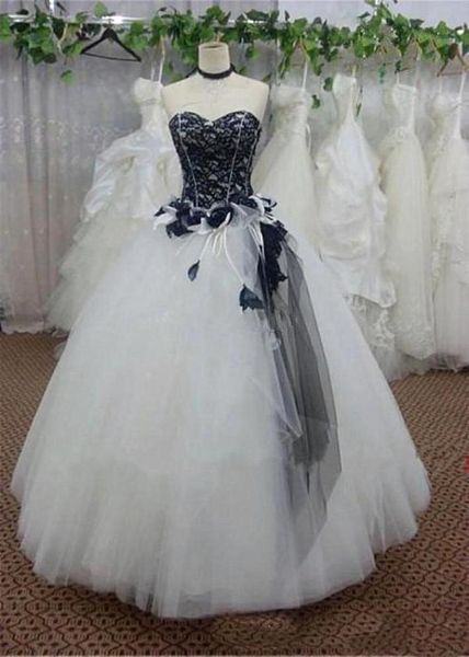 Ретро-корсет, черно-белые свадебные платья, милая, без бретелек, большие размеры, готические свадебные платья, топы, кружевные цветы, весна-осень, Wed6471919