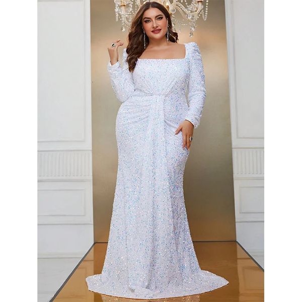 Plus size pescoço quadrado lantejoulas luxo longo glitter vestido de noite tamanho grande feminino casamento banquete branco lantejoulas vestido de noite 240319