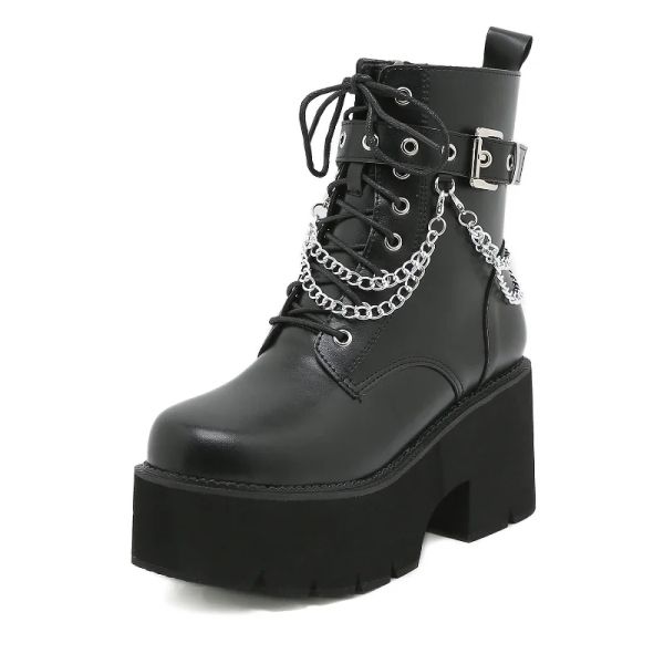 Botas plataforma feminina botas tornozelas pretas góticas de couro pu punk sapatos punk calcanhar de salto curto