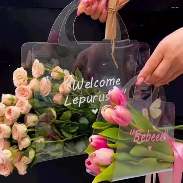 Geschenkverpackung Transparente Blumenstraußtasche Tragbare frische Handtasche Rosenpaketbehälter mit Griff Hochzeitsfeier Verpackungsbox
