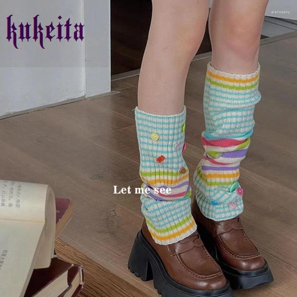 Damen Socken Kukeita Harajuku Bunt gestreift Beinwärmer Mädchen Japanisch Kawaii Niedlich Knopf Strickbezug Y2k
