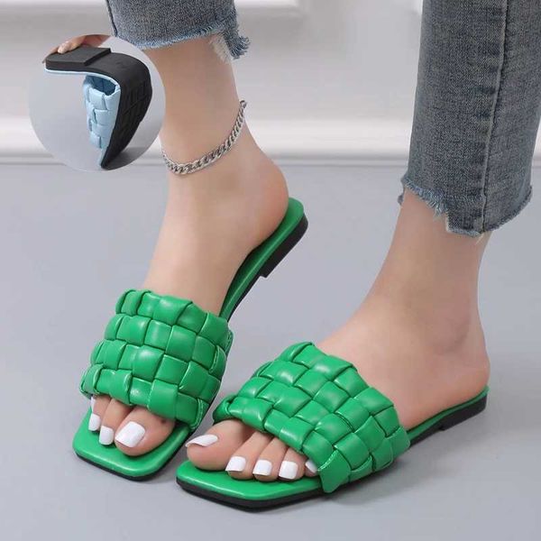HBP Non-Brand Green Weaving Weiche Hausschuhe, quadratische Zehen, flache Sandalen für Damen, Übergröße 43, Sommer-Strand-Flip-Flops für Damen