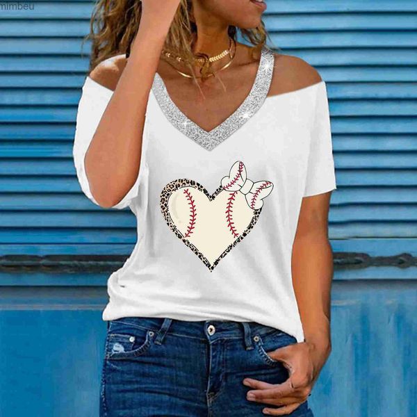 Camiseta feminina com decote em v fora do ombro manga curta camiseta feminina coração beisebol impressão blusa camisas para mulheres casual verão t-shirtsc24319