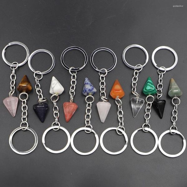 Schlüsselanhänger Naturstein Polygonal Kegel Säule Schlüsselbund Frauen Kristall Rosa Quarz Schlüsselringe auf Tasche Auto Schmuck Party Freunde Geschenk 6 Stück