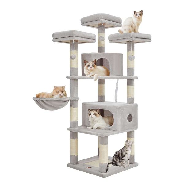 Árvore Taoqimiao, torre de 62,2 polegadas para gatos internos adultos grandes, condomínio de vários níveis com 10 postes para arranhar gatos, poleiros, 2 cavernas grandes, rede, 3 pompons, luz