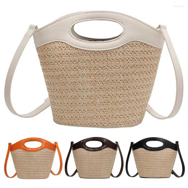 Borse a tracolla Borsa a secchiello da spiaggia Borsa a secchiello portatile alla moda Giunzione in PU intrecciata a mano Cinghie regolabili semplici intrecciate in erba Regali perfetti per il festival