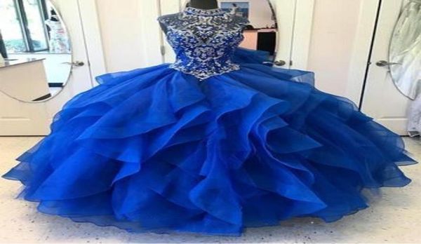 Azul real quinceanera vestidos de alta pescoço cristal frisado corpete organza em camadas vestido baile princesa vestido baile laceup3124892