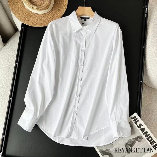 Blusas femininas keyanketian 2024 lançamento camisa de popeline branca primavera único breasted manga longa básico escritório senhora oversize topo