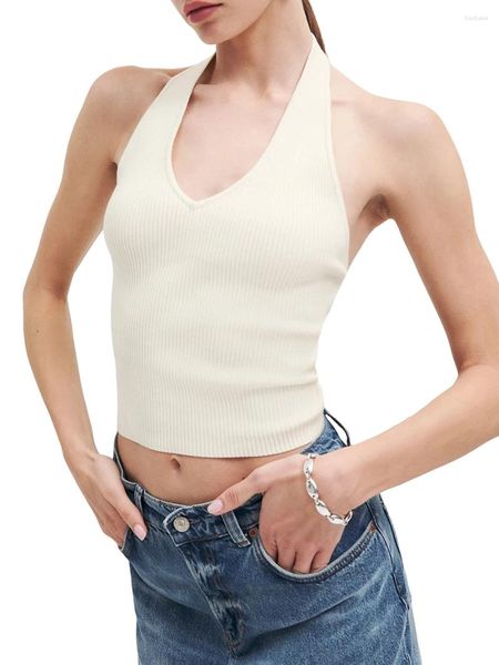 Tanques femininos Yoawdats Mulheres Verão Knit Cami Tops Cor Sólida V Pescoço Backless Halter Ribbed Crop Streetwear