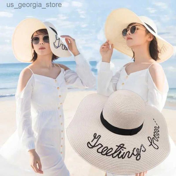 Cappelli a tesa larga Cappelli a secchiello Cappello da spiaggia Donna Estate Grande cono Lettera Love Heart Visitor Fold Embroiled Cover Travel str cappello a secchiello Y240319