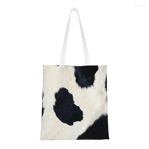 Einkaufstaschen, echtes schwarz-weißes Rindsleder, bedruckt, Canvas, Shopper, Schultertasche, rustikale Kuh-Kunstfell-Haut-Lederhandtasche