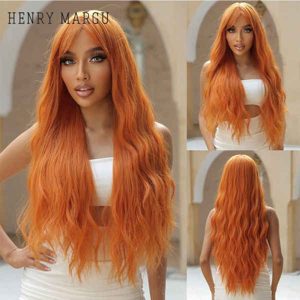 Parrucche HENRY MARGU Parrucche sintetiche ondulate lunghe all'acqua Parrucca per capelli resistente al calore arancione zenzero naturale con frangia per donne Cosplay capelli finti