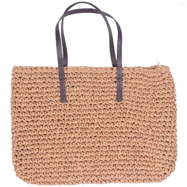 Bolsa totes de palha feminina, bolsa boêmia de praia artesanal de vime, sacola de verão em rattan (marrom)