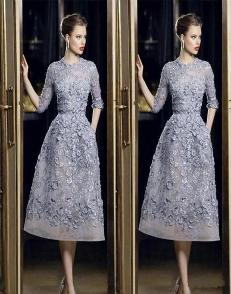 Abiti da sera Elie Saab Abiti eleganti in pizzo con applicazioni ALine Abiti da ballo 34 Maniche lunghe Lunghezza tè Vestito formale sexy da celebrità Cus9961718