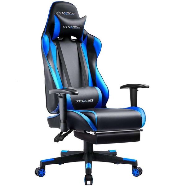 GTRACING Подставка для ног, эргономичный игровой стол для компьютера, кресло для геймера с наклоном, регулировка высоты сиденья, поворотный подголовник и поясничная опора, темно-синий с буквой F