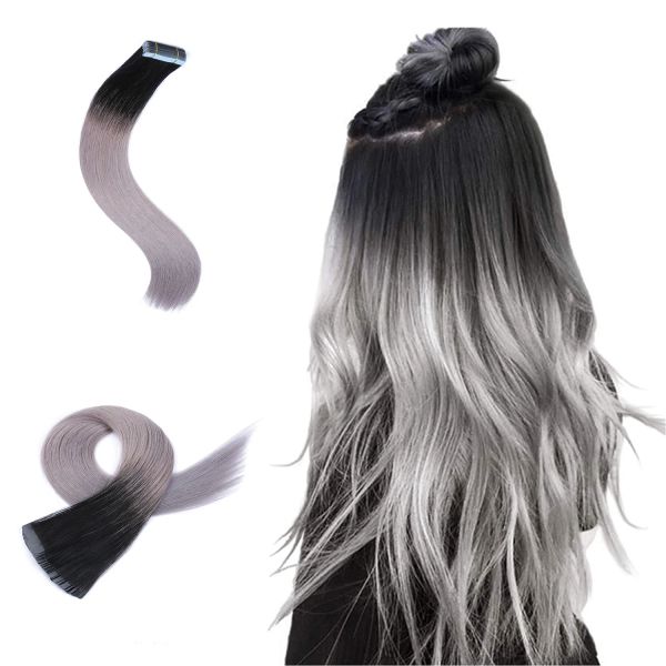 Extensões ombre cinza loira fita natural em extensões de cabelo humano trama da pele extensões de cabelo adesivo invisível real em linha reta para preto