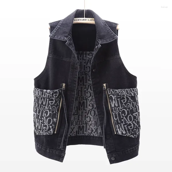 Gilet da donna Primavera Vintage Blu Nero Gilet di jeans Gilet moda donna Giacca ampia senza maniche corta Stampa Jeans con tasche grandi Donna