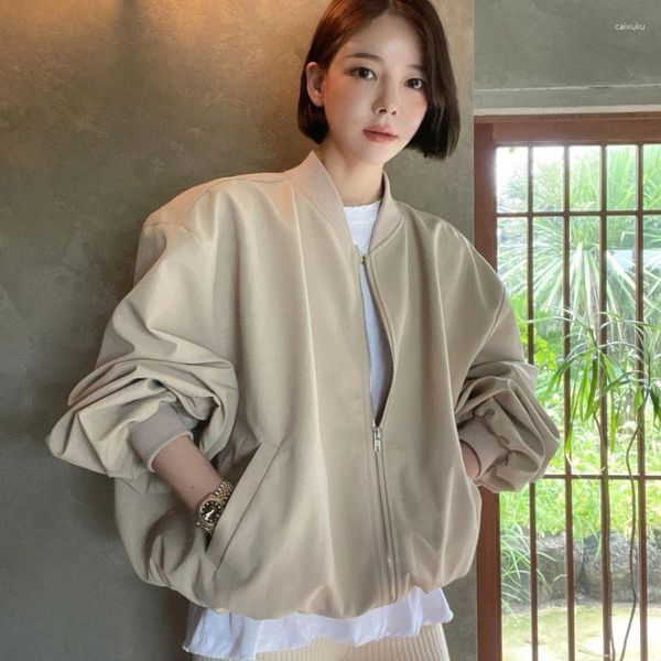 Jaquetas femininas outono casaco jaqueta estilo safari vintage uniforme de beisebol gola zip up manga completa outerwears coreia