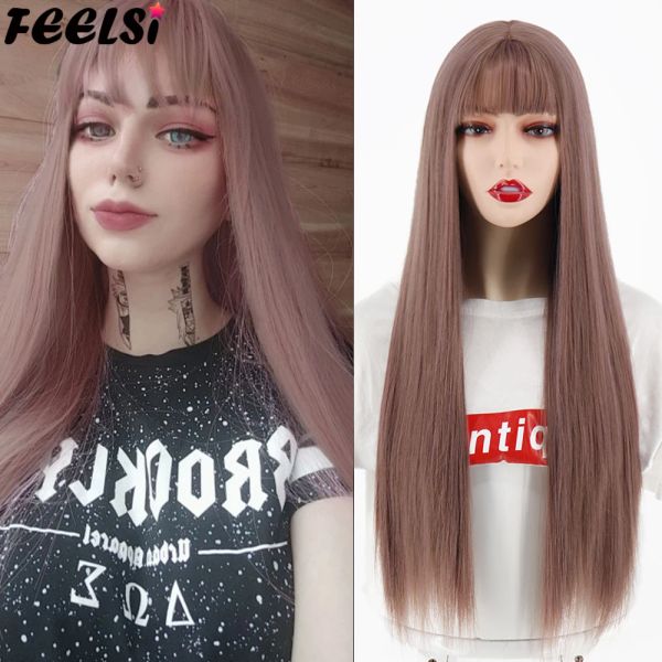 Wigs Fensi cabelos sintéticos peruca longa e reta com franja natal haze rosa peruca vermelha marrom preto 26 polegadas Cosplay de Halloween para mulheres