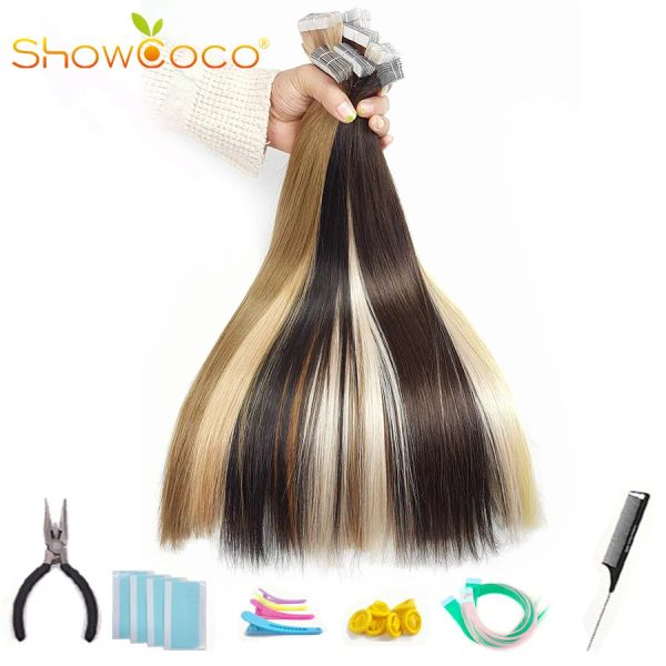 Лента для наращивания Showcoco 12A из натуральных волос, наращивание человеческих волос от одного донора, неповрежденный клей для кутикулы, белая лента премиум-класса