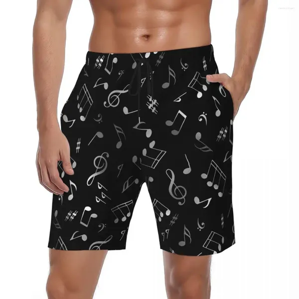 Herren-Shorts, Badeanzug, Schwarz, Musiknoten, Brett, Sommermode, lässig, Strand, Herren-Design, Laufen, atmungsaktive Badehose