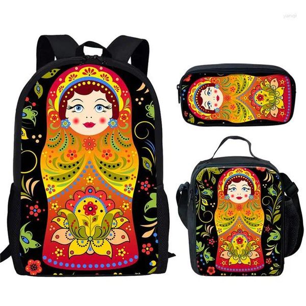 Backpack Trendy Creative Creative engraçado bonecas russas 3D Impressão 3pcs/set pupil School School Laptop Daypack Lunchag Bag Case