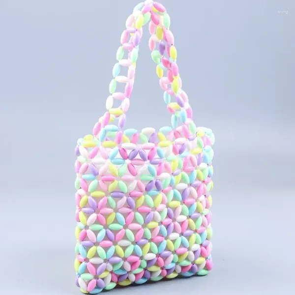 Totes moda colorido frisado tecido bolsa personalizado feito à mão fresco doce cor misturada oco para fora acrílico bolsas de ombro femininas