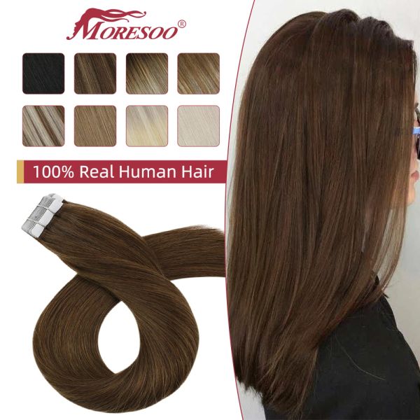 Extensions Moresoo Tape in Haarverlängerung Echthaar Echthaar PU Skin Weft 1224 Zoll Glattes brasilianisches Haar Kleber auf Klebeband Ins