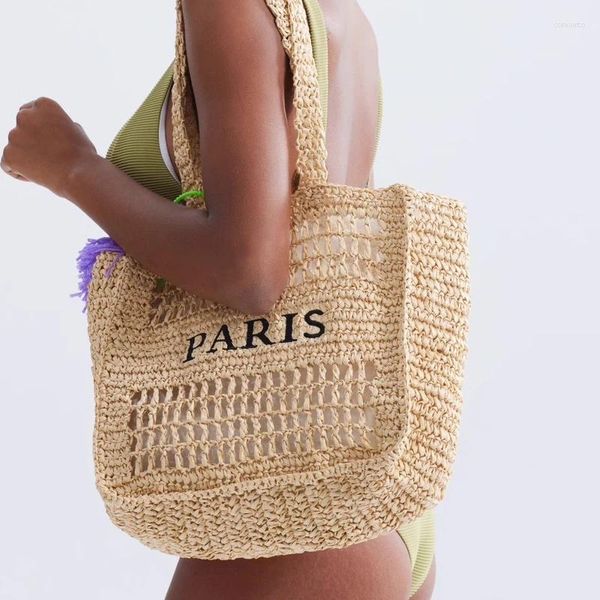 Totes casual oco letras palha sacos de ombro para mulheres papel tecido grande sacola artesanal verão praia grande shopper bolsas 2024