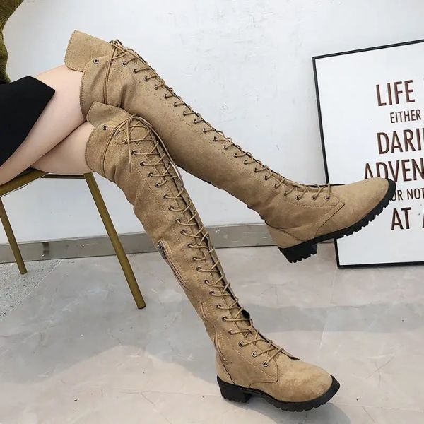 Boots Sapatos para mulheres Brown Senhoras Botas Taxa No alto acima do calçado de joelho com cadarços Laceup impermeável novo em Gyaru Boot Hot