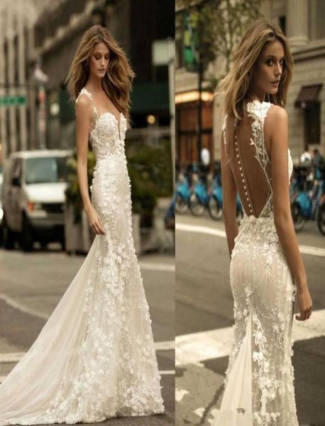 Berta pura malha superior renda sereia vestidos de casamento tule applique 3d floral vestidos de noiva com botões2675937