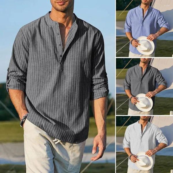 Camicie casual da uomo Camicia da uomo con mezzo bottone Colletto rialzato Elegante a righe con dettaglio gemello Morbido per la primavera