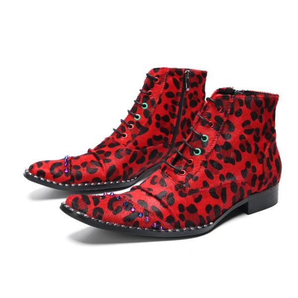 Botas botas vermelhas de rebite italiano leopardo clube de festas de festas formais masculino, masculino, sapatos de vestido de ponta de vestido com as botas de tornozelo de tamanho grande
