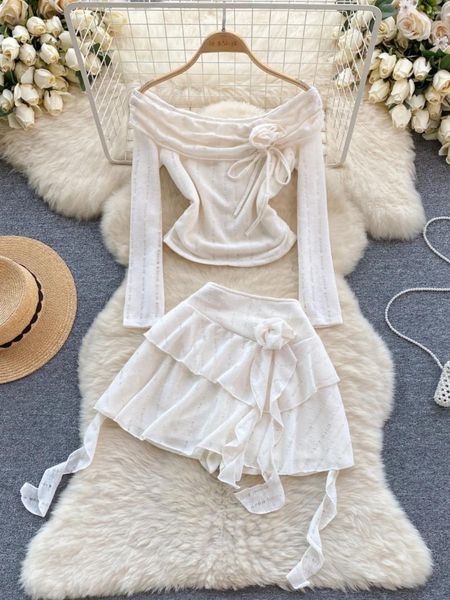 Arbeitskleider Foamlina Sexy Zweiteilige Sets Für Frauen Sommer Süße Blumen Slash Neck Langarm Crop Top Und Rüschen Mini Hosen Röcke Anzüge