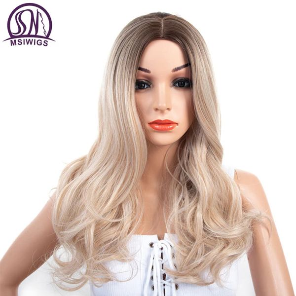 Parrucche MSIWIGS Lady Parrucche sintetiche Ricci Lunghi Naturali Ombre Parrucca bionda per donna Grigio argento 21 pollici Capelli resistenti al calore