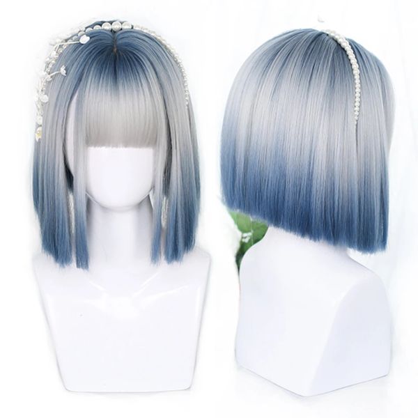 Perucas Houyan curto cabelo reto bob peruca sintética feminina azul gradiente peruca natural preto cosplay lolita festa peruca