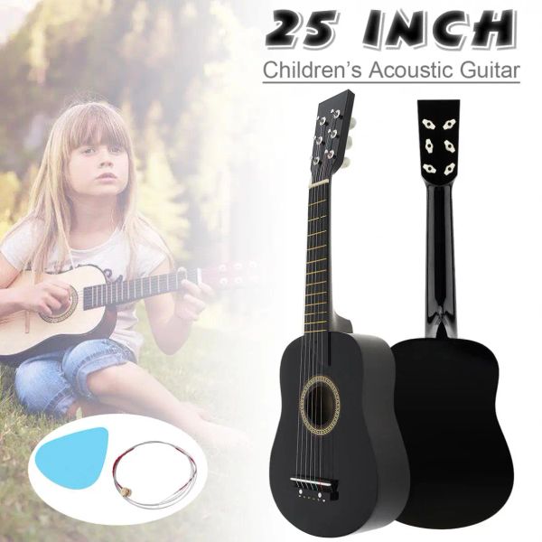 Guitarra acústica de madeira preta de 25 polegadas com cordas de palheta guitarra de brinquedo para crianças e iniciantes