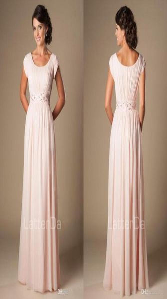 Blush Pink lungo formale lunghezza intera modesto chiffon da sera spiaggia abiti da damigella d'onore con maniche ad aletta perline increspate damigelle d'onore D1044223