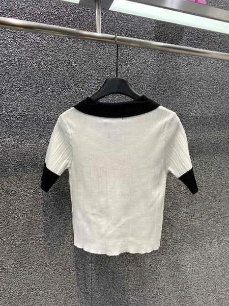 Женские футболки 2024, весенняя трикотажная рубашка поло с контрастной ребристой текстурой, короткий комплект, пуловер с бриллиантами, облегающая футболка