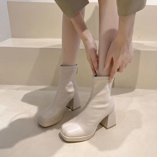 Stiefel weiße Knöchelstiefel Bootswomen Designer Zipper Weibliche Schuhe Low 2023 Med Gummi Mode High Heel Rock Black Damen