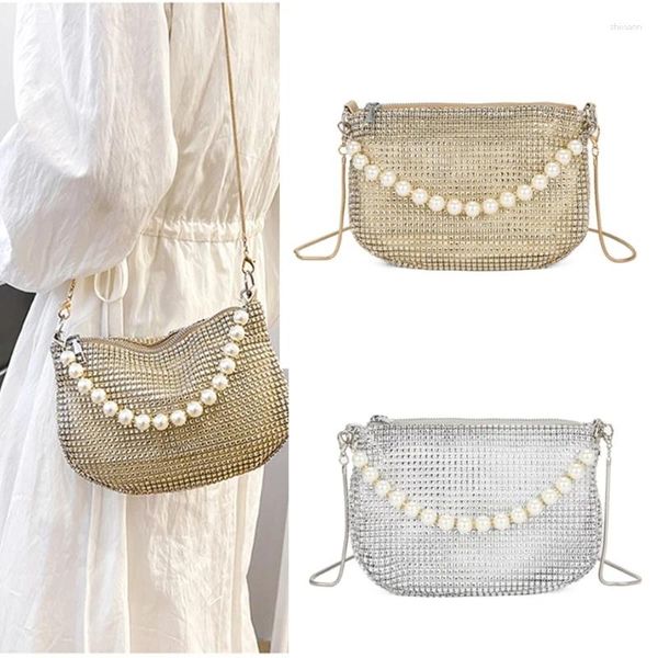 Borse da donna con strass e perle, borsa da sera scintillante, pochette da matrimonio, cocktail, ballo di fine anno, borsa a tracolla con catena